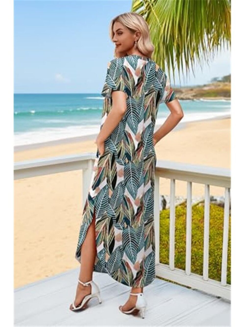 Womens V Neck Midi Dress Side Slit Casual Summer Vacation Beach Dress - Picture 5 of 5